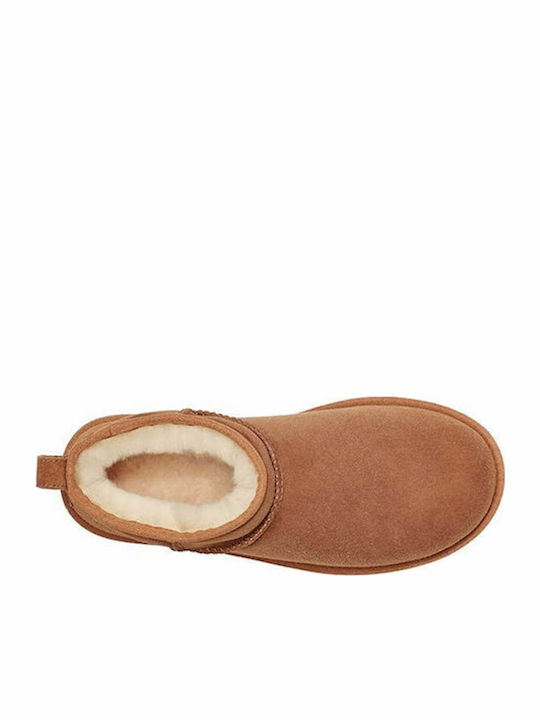 Classic Ultra Mini Leather Women's Ankle Boots with Fur Chestnut