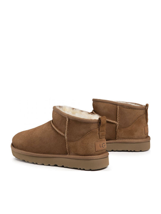 Classic Ultra Mini Leather Women's Ankle Boots with Fur Chestnut