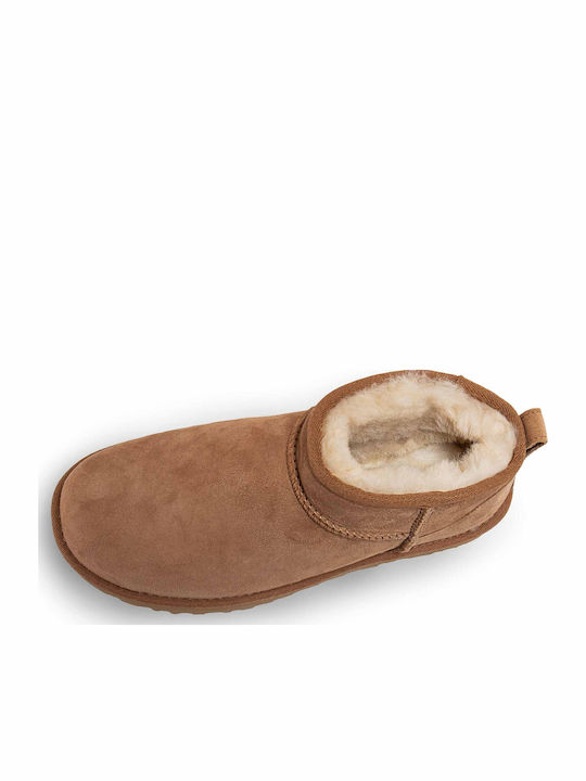 Classic Ultra Mini Leather Women's Ankle Boots with Fur Chestnut