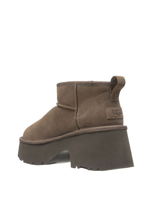 Classic Ultra Mini Leather Women's Ankle Boots with Medium Heel & Fur Brown