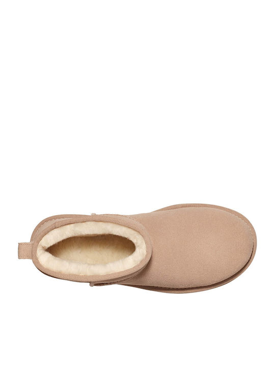 Classic Ultra Mini Platform Leather Women's Ankle Boots with Fur Sand
