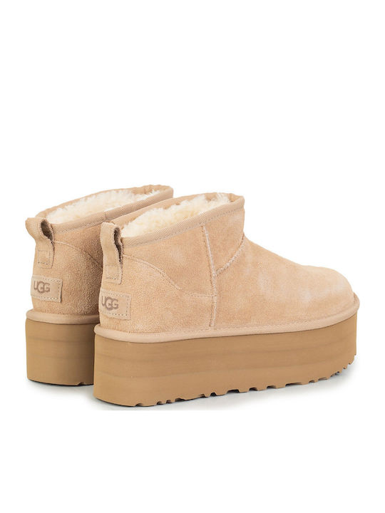 Classic Ultra Mini Platform Leather Women's Ankle Boots with Fur Sand