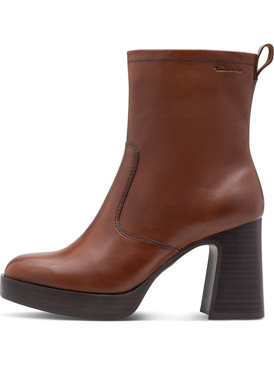 Leather Women's Ankle Boots with High Heel Tabac Brown