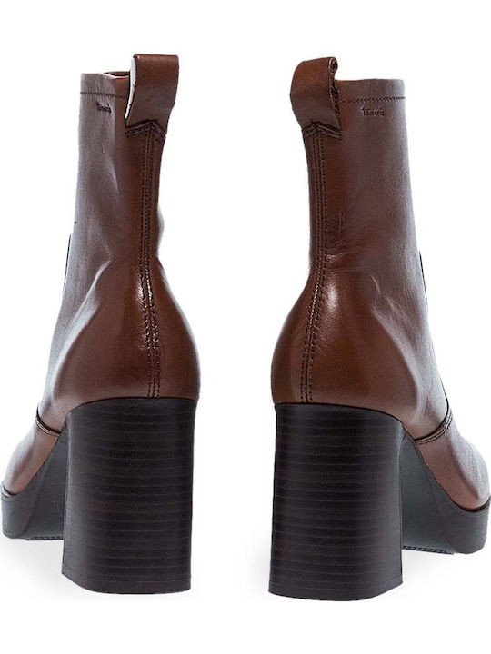 Leather Women's Ankle Boots with High Heel Tabac Brown