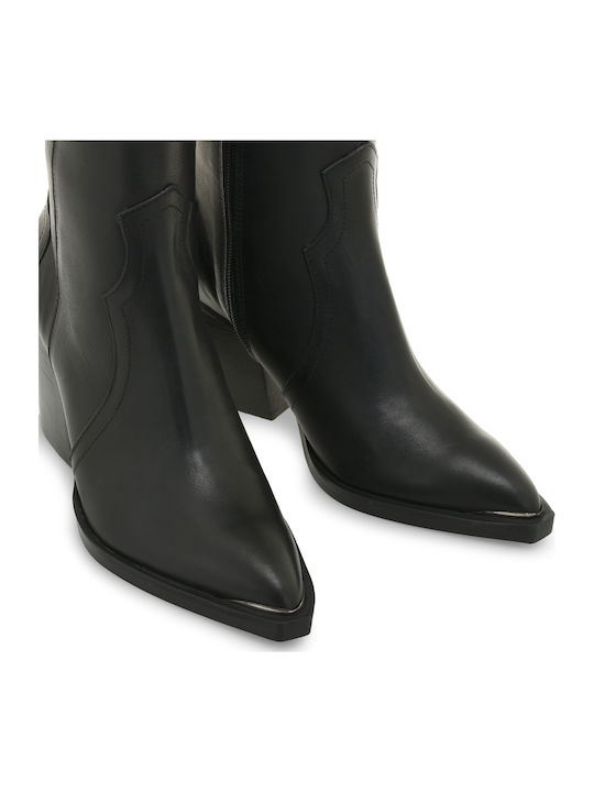 Leder Damen Cowboy-Stiefeletten mit hohem Absatz Schwarz