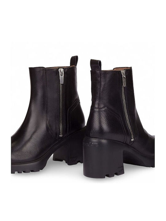 Leather Women's Ankle Boots with Medium Heel Black