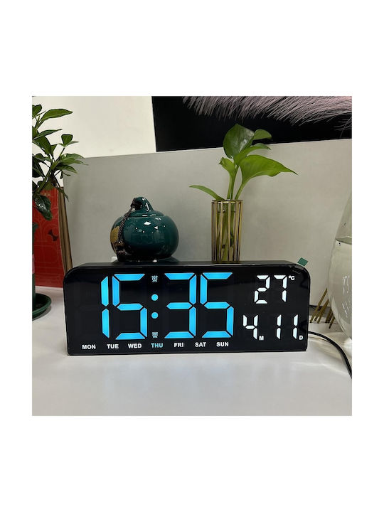 Ceas De Masă Și Perete Digital Lumină Led Albastră Calendar Cronometru Alarmă Termometru Funcție Amânare 2 Moduri De Iluminare Dimensiune 24x9cm Negru Albastru