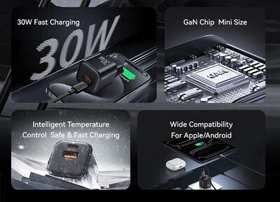 Usams Ladegerät ohne Kabel GaN mit USB-A Anschluss und USB-C Anschluss 30W Weißs (CC263)