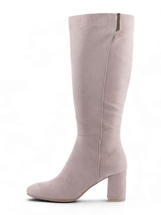 Medium Heel Women's Boots with Zipper Beige