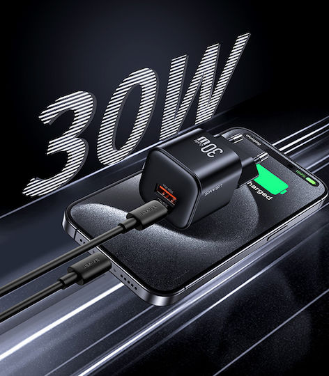 Usams Ladegerät ohne Kabel GaN mit USB-A Anschluss und USB-C Anschluss 30W Schwarzs (CC263)