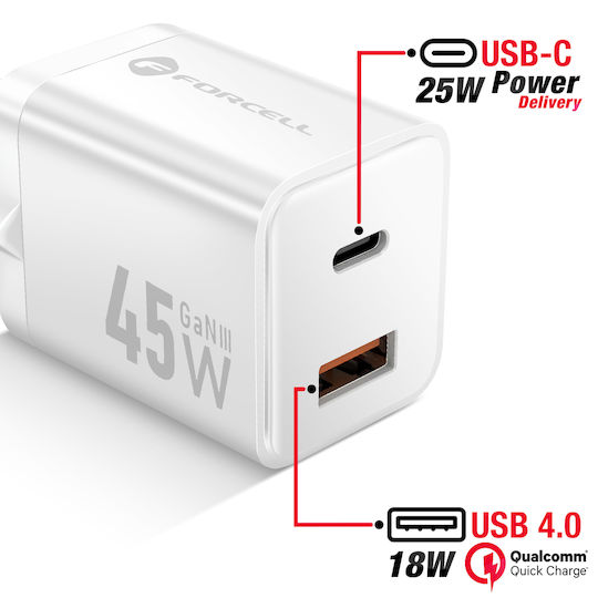 Forcell Φορτιστής Χωρίς Καλώδιο GaN με Θύρα USB-A και Θύρα USB-C 45W Power Delivery / Quick Charge 4.0 Λευκός (F-Energy Mini VT-36)