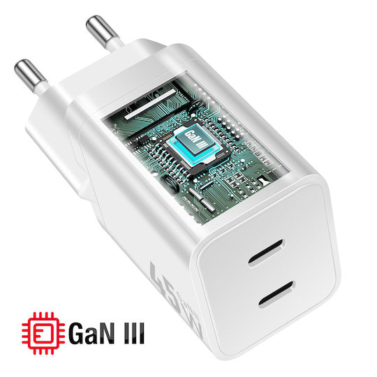 Forcell Φορτιστής Χωρίς Καλώδιο GaN με 2 Θύρες USB-C 45W Power Delivery / Quick Charge 4.0 Λευκός (F-Energy Mini VT-36B)