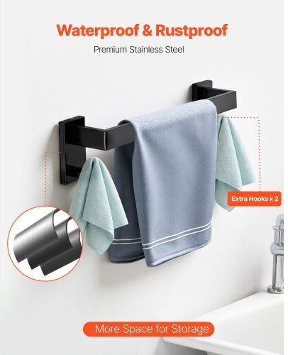 Vevor Matte Black Bathroom Accessories Set 5 Pieces Stainless Steel 16 Inch 40.6 cm Towel Bar Towel Shelf 2 Towel Robe Hooks Toilet Paper Holder Bathroom Wall-Mounted