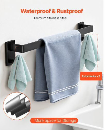 Vevor Matte Black Bathroom Accessories Set 10 Pieces 2 Towel Bars Stainless Steel 24-in 60.96 cm 2 Towel Racks 4 Towel Robe Hooks 2 Toilet Paper Holders Bathroom Wall-Mounted
