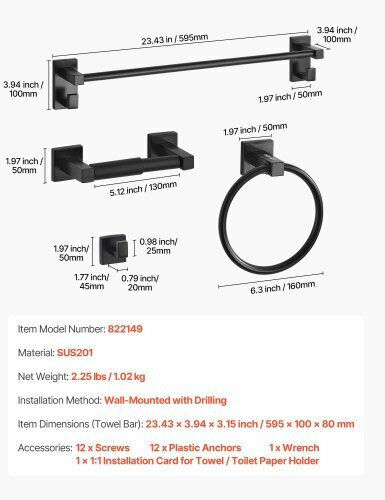 Vevor Matte Black Bathroom Equipment Set Bathroom Accessories Set Stainless Steel 4 Pieces 24-inch 61.0 cm Towel Bar Towel Ring Robe Hook Toilet Paper Holder Bathroom Wall-Mounted