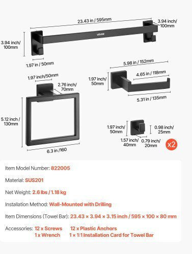 Set of Black Matte Bathroom Accessories Vevor 5 Pieces Bathroom Accessories Stainless Steel 24-inch 61.0 Cm Towel Bar Towel Rack 2 Towel Robe Hooks Toilet Paper Holder Bathroom Wall-Mounted