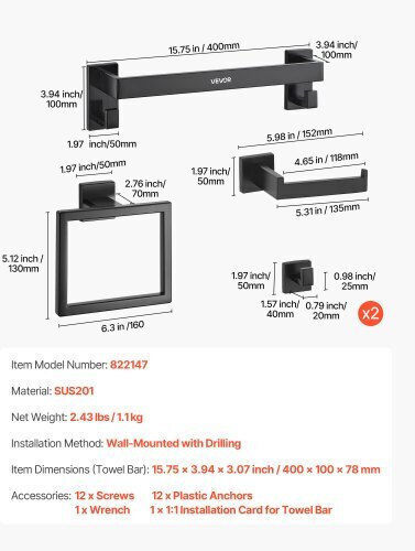 Vevor Matte Black Bathroom Accessories Set 5 Pieces Stainless Steel 16 Inch 40.6 cm Towel Bar Towel Shelf 2 Towel Robe Hooks Toilet Paper Holder Bathroom Wall-Mounted