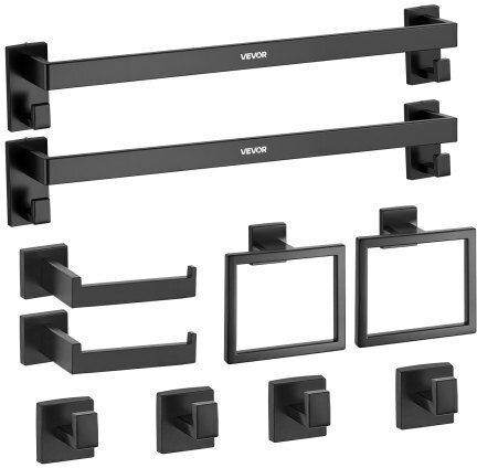 Vevor Matte Black Bathroom Accessories Set 10 Pieces 2 Towel Bars Stainless Steel 24-in 60.96 cm 2 Towel Racks 4 Towel Robe Hooks 2 Toilet Paper Holders Bathroom Wall-Mounted