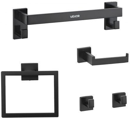 Vevor Matte Black Bathroom Accessories Set 5 Pieces Stainless Steel 16 Inch 40.6 cm Towel Bar Towel Shelf 2 Towel Robe Hooks Toilet Paper Holder Bathroom Wall-Mounted