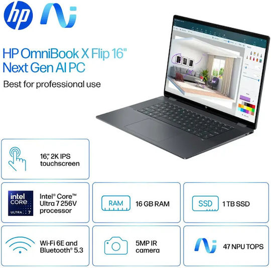 HP OmniBook X Flip 2-in-1 16" IPS FHD+ Touchscreen (Kern Ultra 7-256V/16GB/1TB SSD/W11 Startseite) Eclipse Grau (Englisch (US) Tastatursprache)