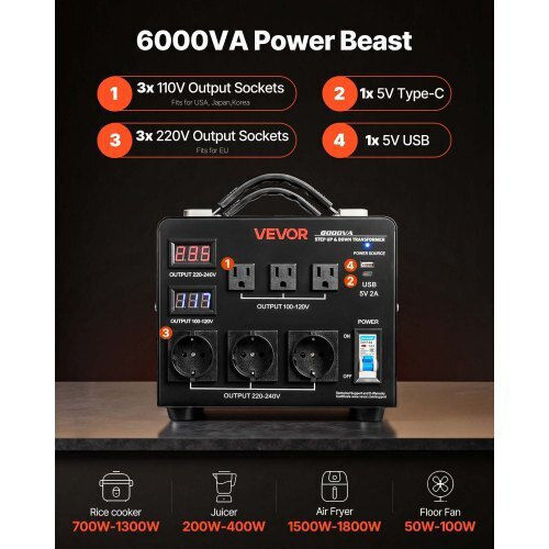Vevor SXDYZHQZD110QYQQU001V2 Transformator de la 220V la 110V 6000VA