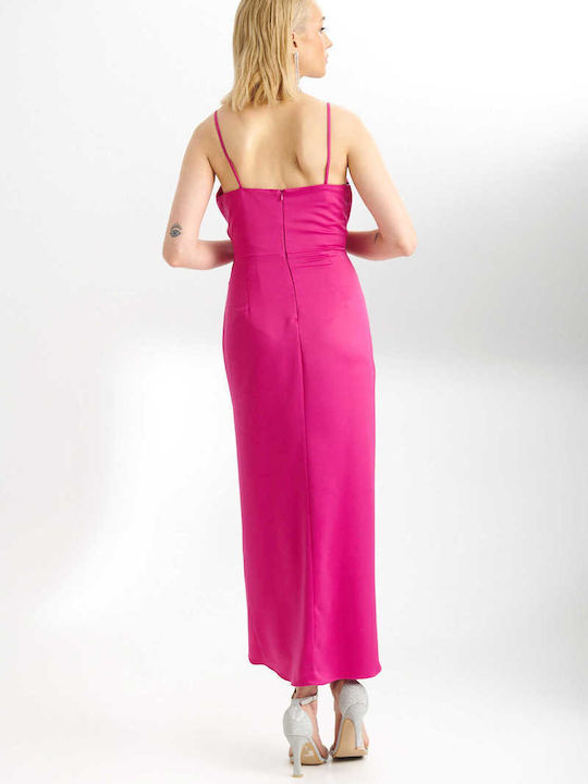 Summer Midi Dress for Wedding - Christening Satin Fuchsia