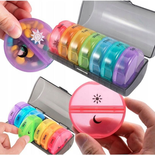 Cutie de Depozitare Medicamente Flippy 7 Zile 14 Compartimente Cutie Suport Containere Detasabile Portabile Containere Colorate Suport Negru 17.5x11x9.5 Cm