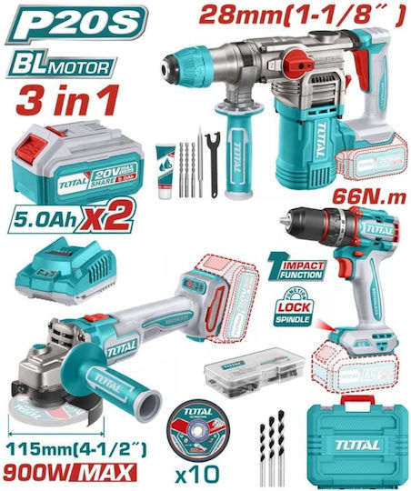 Total Set Angle Wheel & Impact Drill Driver & Hammer Brushless 20V with 2 Batteries 5Ah and Case