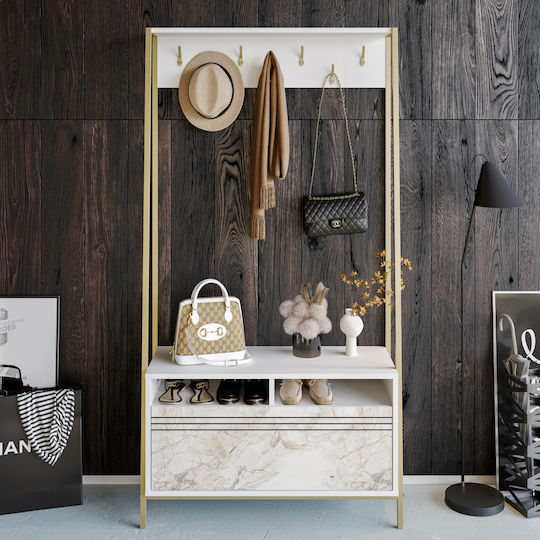 Devin Mobilier de Intrare cu Dulap pentru Pantofi Marble Effect White-gold 94x35.3x180cm