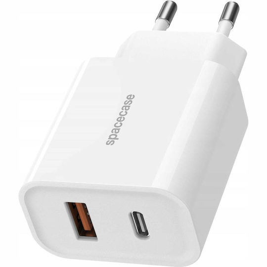 Spacecase Spacecase Handyladegerät mit USB-A Ausgangsanschluss, USB-C Ausgangsanschluss und Kabel USB-C - USB-C 20W Stromlieferung / Schnellladetechnologie 3.0 Weiß