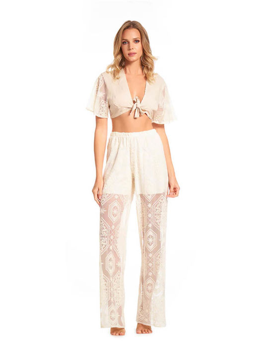 Cotazur Women's Fabric Capri Trousers Beige