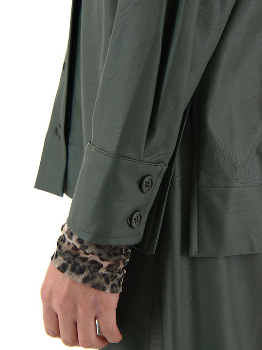 Women's Leather Long Sleeve Shirt Khaki