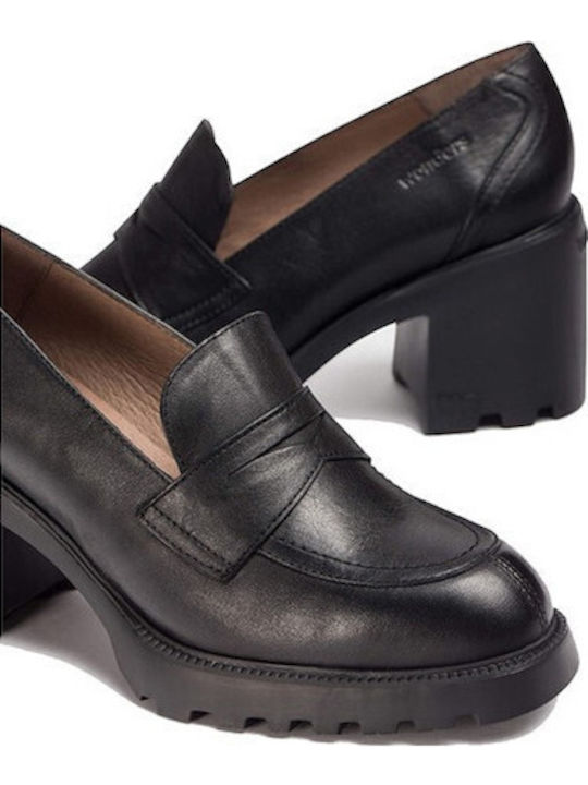 Leder Loafer Pumps mit Mittelhohem Absatz Schwarz