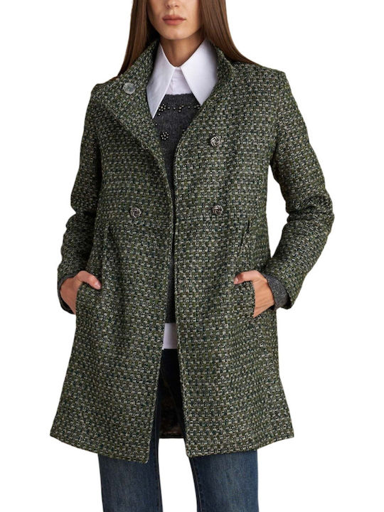 Wool Women's Khaki Peacoat with Buttons