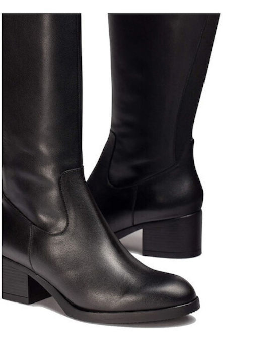Leder Damenstiefel mit mittlerem Absatz Schwarz