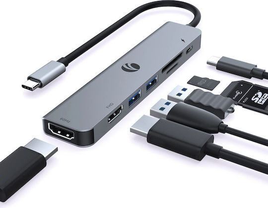 VCom 7-in-1 USB-C Докинг станция с HDMI 4K PD и свързване 2 монитора Сив
