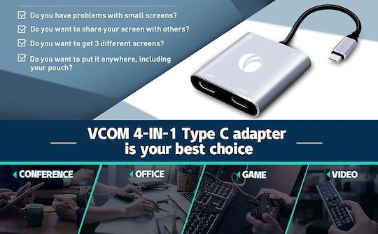 VCOM 4-in-1 USB-C Docking Station με HDMI 4K PD Γκρι
