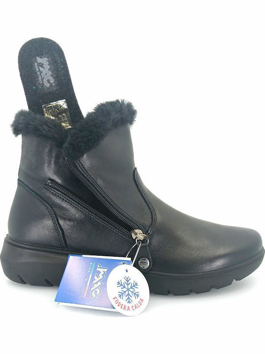 Leather Women's Ankle Boots Platform & Fur Black