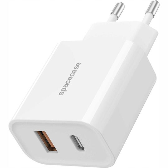 Spacecase Charger with USB-A Port and USB-C Port and Cable USB-C - Lightning 20W Power Delivery / Quick Charge 3.0 Whites (PowerSet)