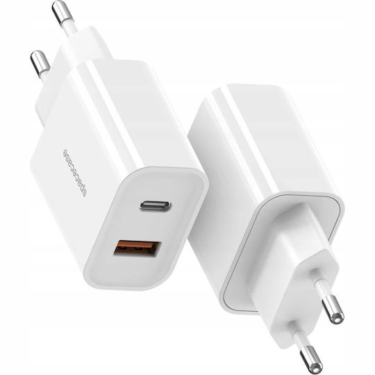 Spacecase Charger with USB-A Port and USB-C Port and Cable USB-C - Lightning 20W Power Delivery / Quick Charge 3.0 Whites (PowerSet)