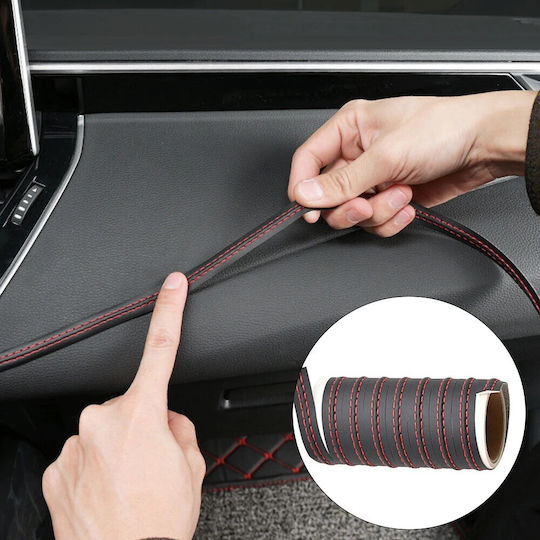 Decorative Strip Vehicle Interior 2m Long Made Faux Leather Black Color With Red Stitching