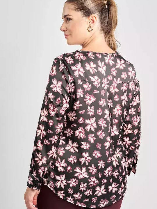 Women's Blouse Satin Long Sleeve Floral Black