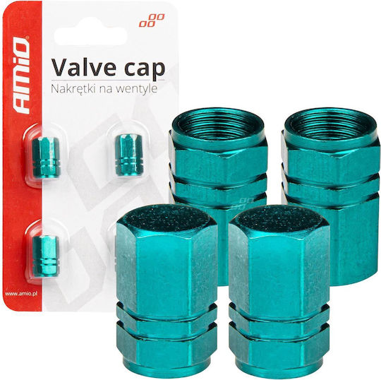 Set 4 Aluminum Valve Caps Hexagon Model Green Color