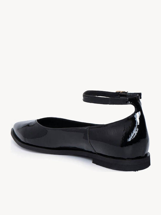 Black Patent Leather Ballerina Shoes With Ankle Strap