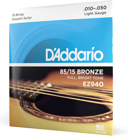Daddario Set of Bronze Strings for Acoustic Guitar 85/15 12-String Light 10 - 50"