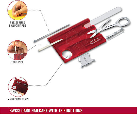 Victorinox SwissCard Nailcare Карта Мултифункционален Инструмент 13 Инструмента Червена