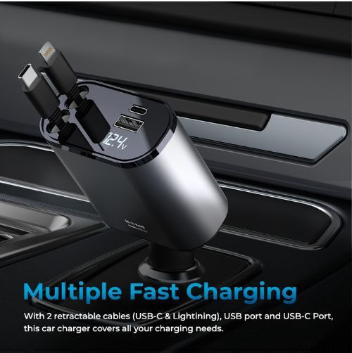 Autosky Car Charger 100W Fast Charging with Ports 1xUSB-A 1xType-C with Type-C / Lightning Cable