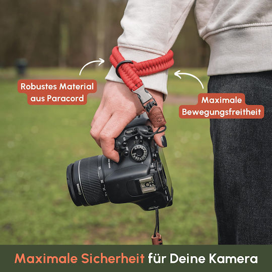 Каишка за китка на фотоапарат C-rope, изработена от ръчно плетен паракорд, система за бързо освобождаване, червена