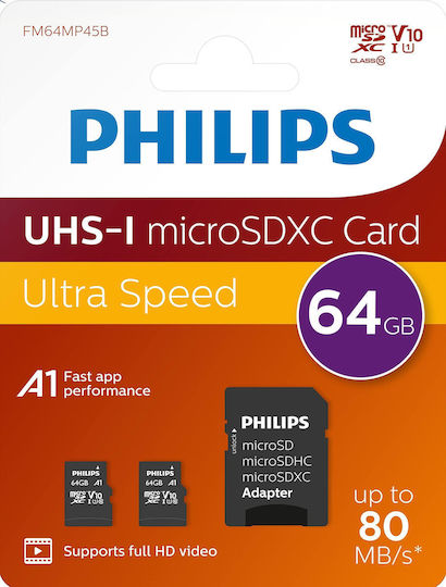 Philips MicroSDXC 64GB Клас 10 U1 V10 A1 UHS-I microSDXC 64GB U1 V10 A1 UHS-I 80MB/s с адаптер