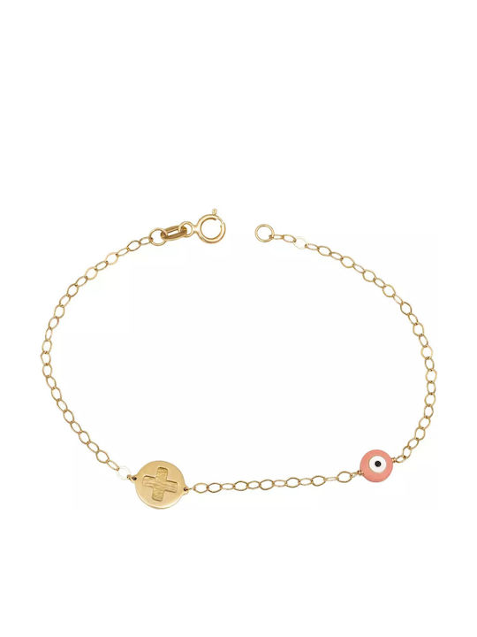 Kids Bracelet from Gold 14K with Σταυρό, Baby Girl & Evil Eye